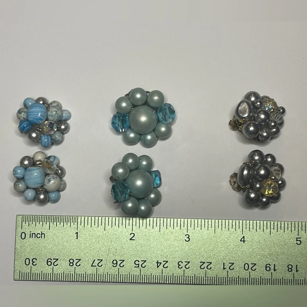 Vintage clip earrings marked Japan lot of 3 pairs blue beaded gold silver gift - Picture 8 of 15